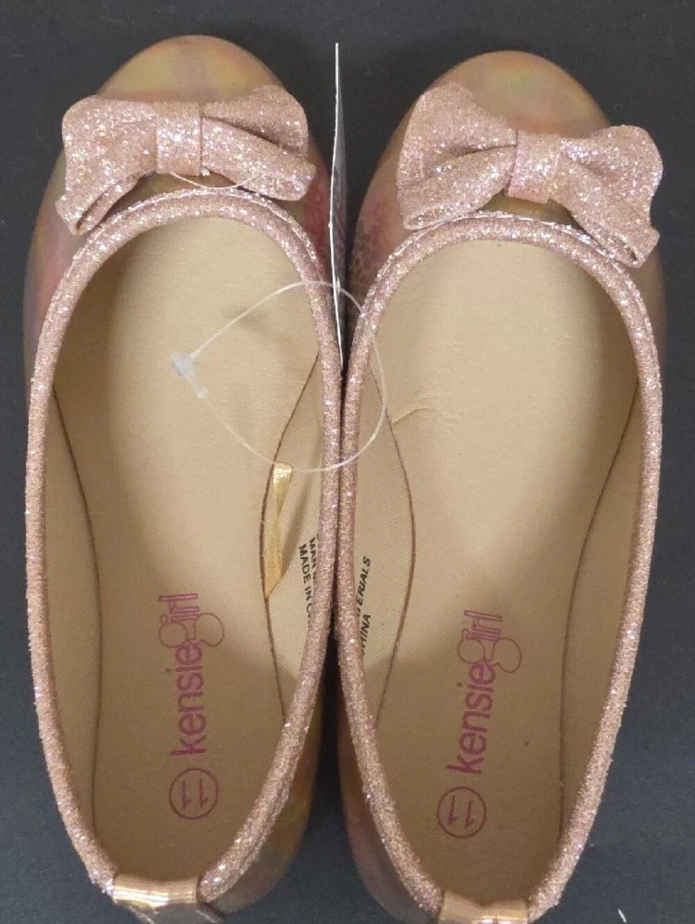 BRAND NEW Kensie Girl Size 11 Rose Gold Iridescent Ballet Flats with Glitter Bow